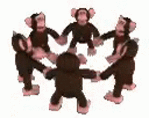 Monkey's spinning and holding hands.